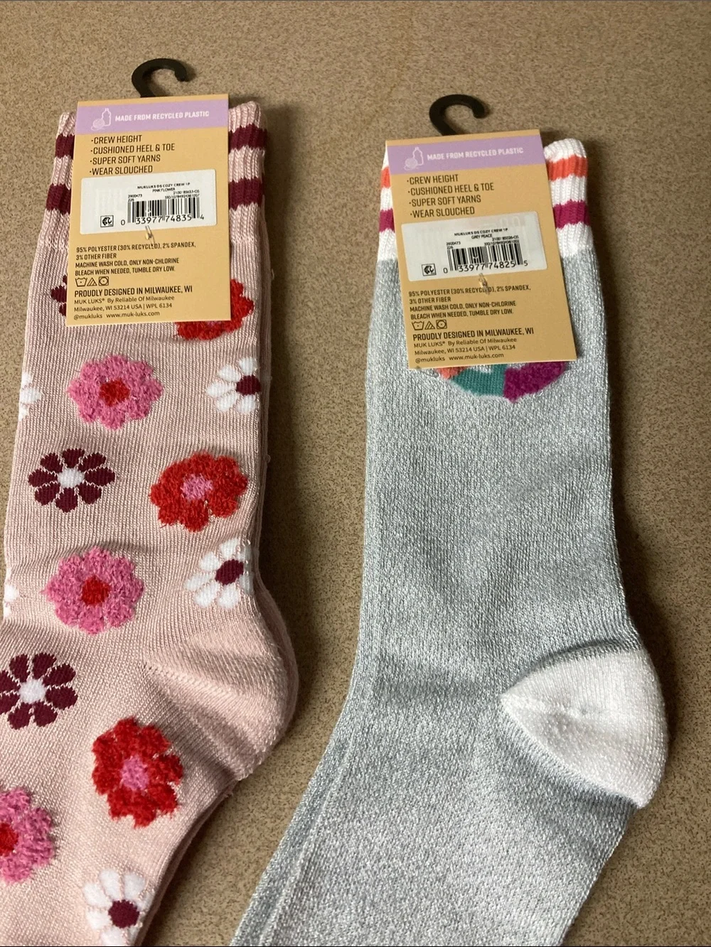 Muk Luks Crew Socks - Light Blue Peace Sign & Pink Floral (2-Pack)